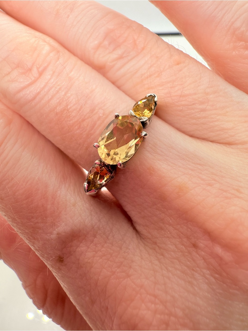 Vintage Sterling Silver Citrine Three-Stone Ring - Yellow Citrine!